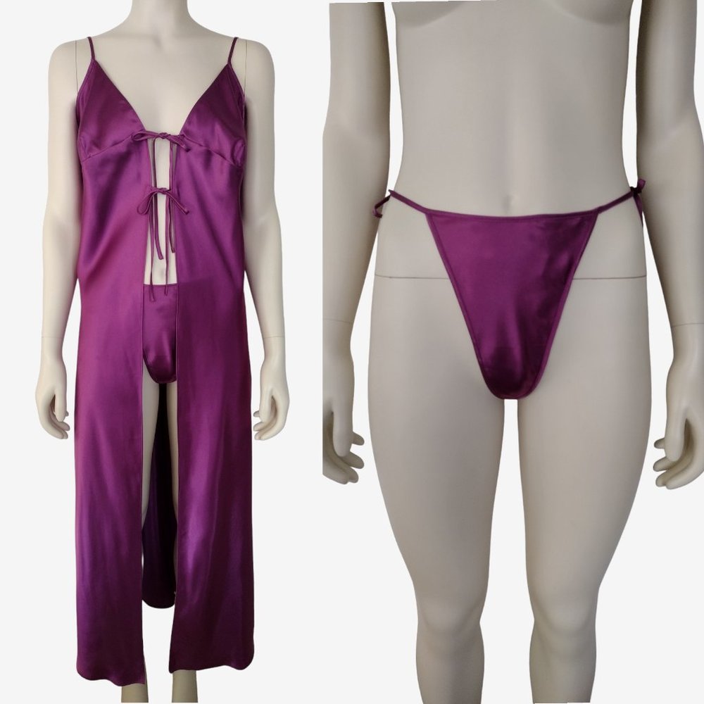 Vintage 90s Fredericks of Hollywood Purple Satin Robe and G String Panty